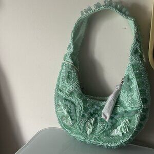 Viral Light Green Floral Beaded Shoulder Bag